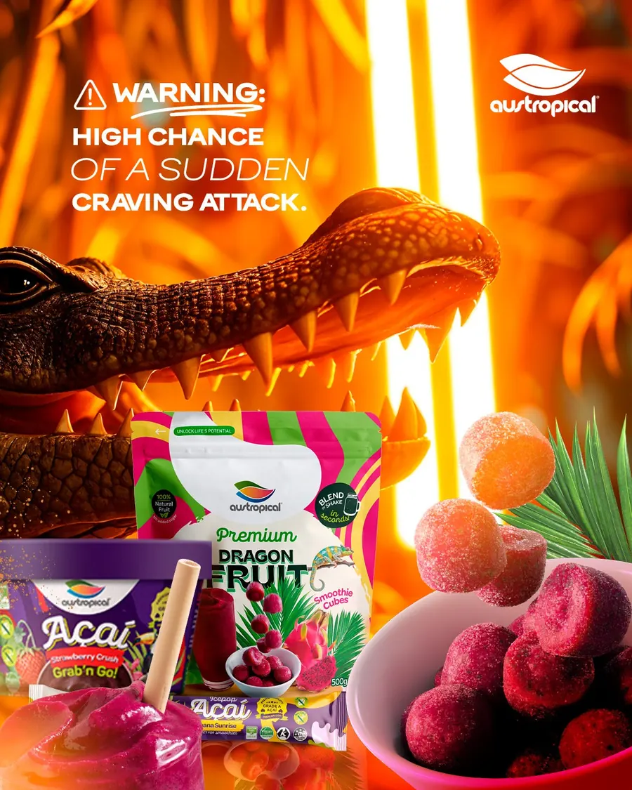 Austropical dragon fruit cubes and Grab’n Go cups, captioned Warning: high chance of a sudden craving attack