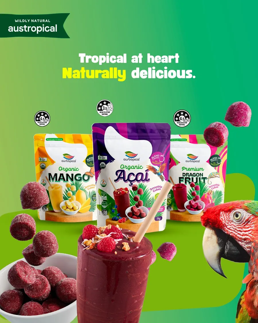 Austropical smoothie cube pouches with a macaw, captioned Tropical at heart, naturally delicious